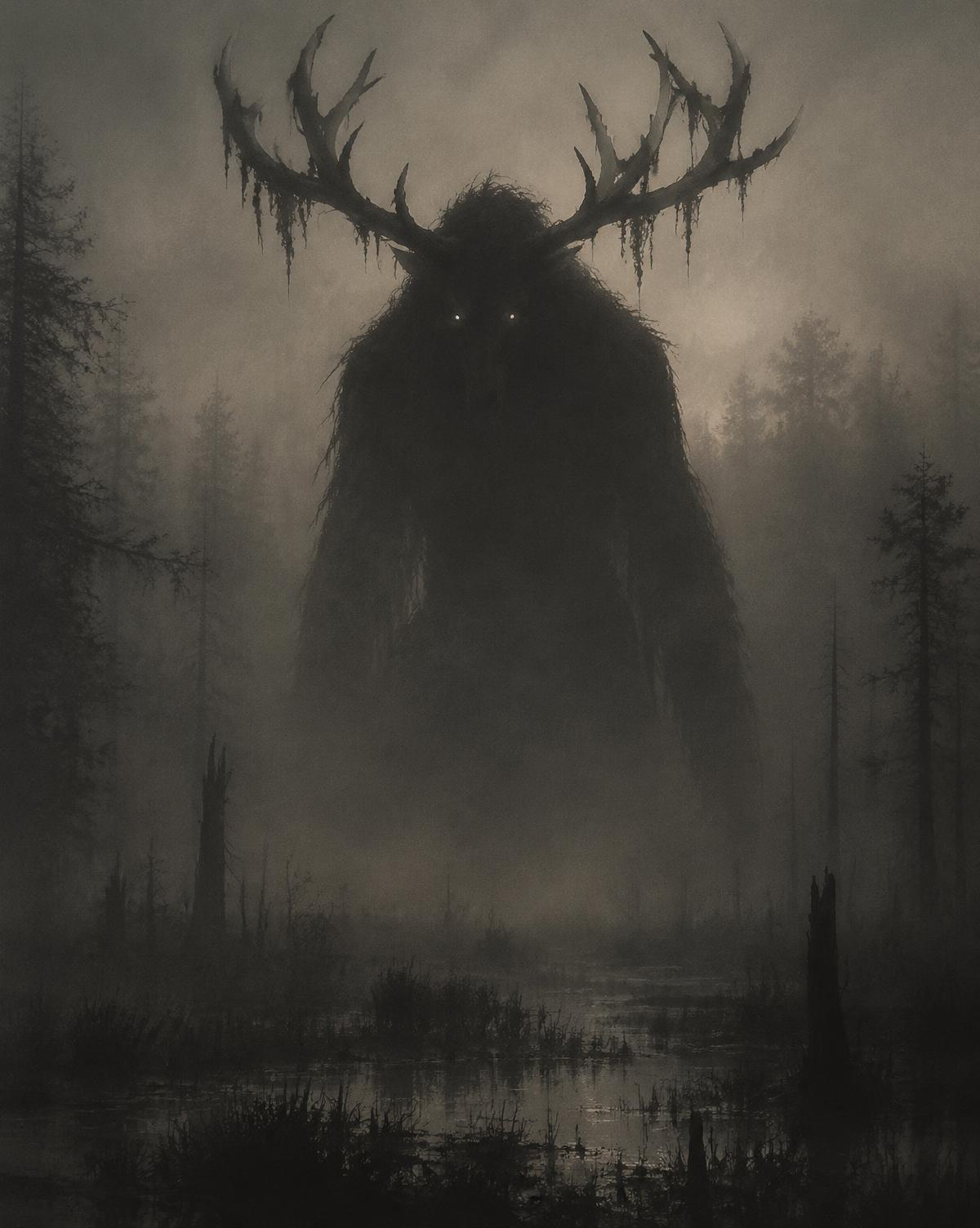 A huge antlered creature silhouette rising from a misty bog