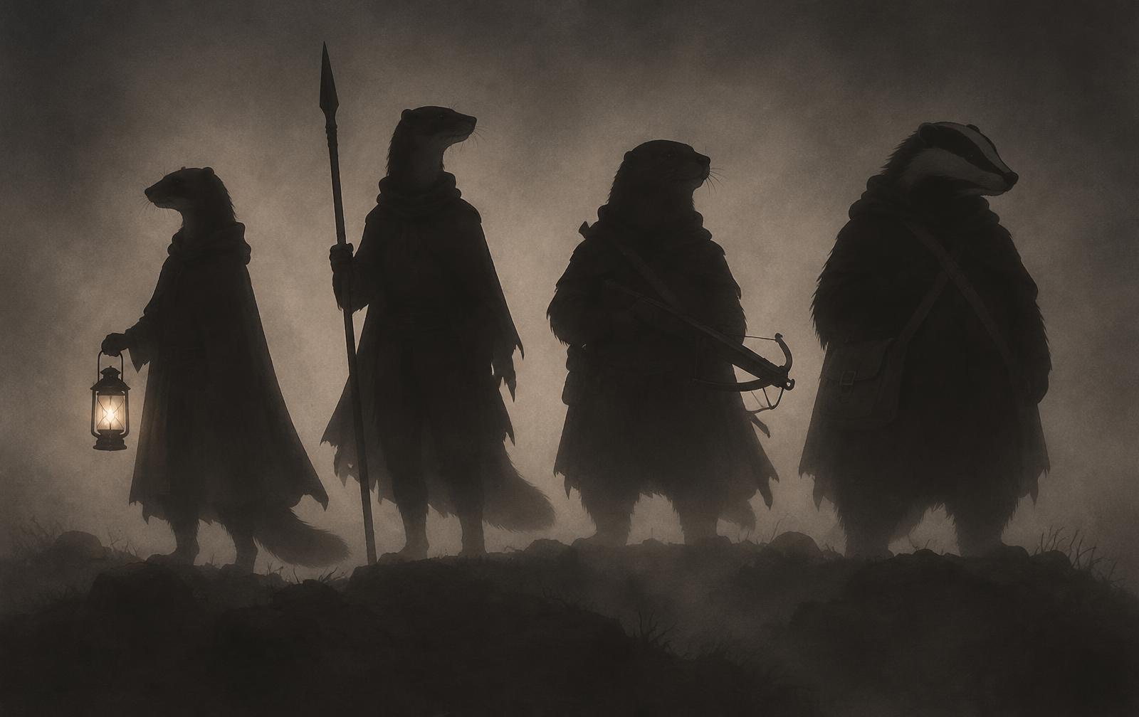 Four silhouetted mustelid hunters in the fog